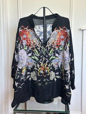 Dressori 100% Silk Floral Blouse 3X Sheer Black Oversized Top